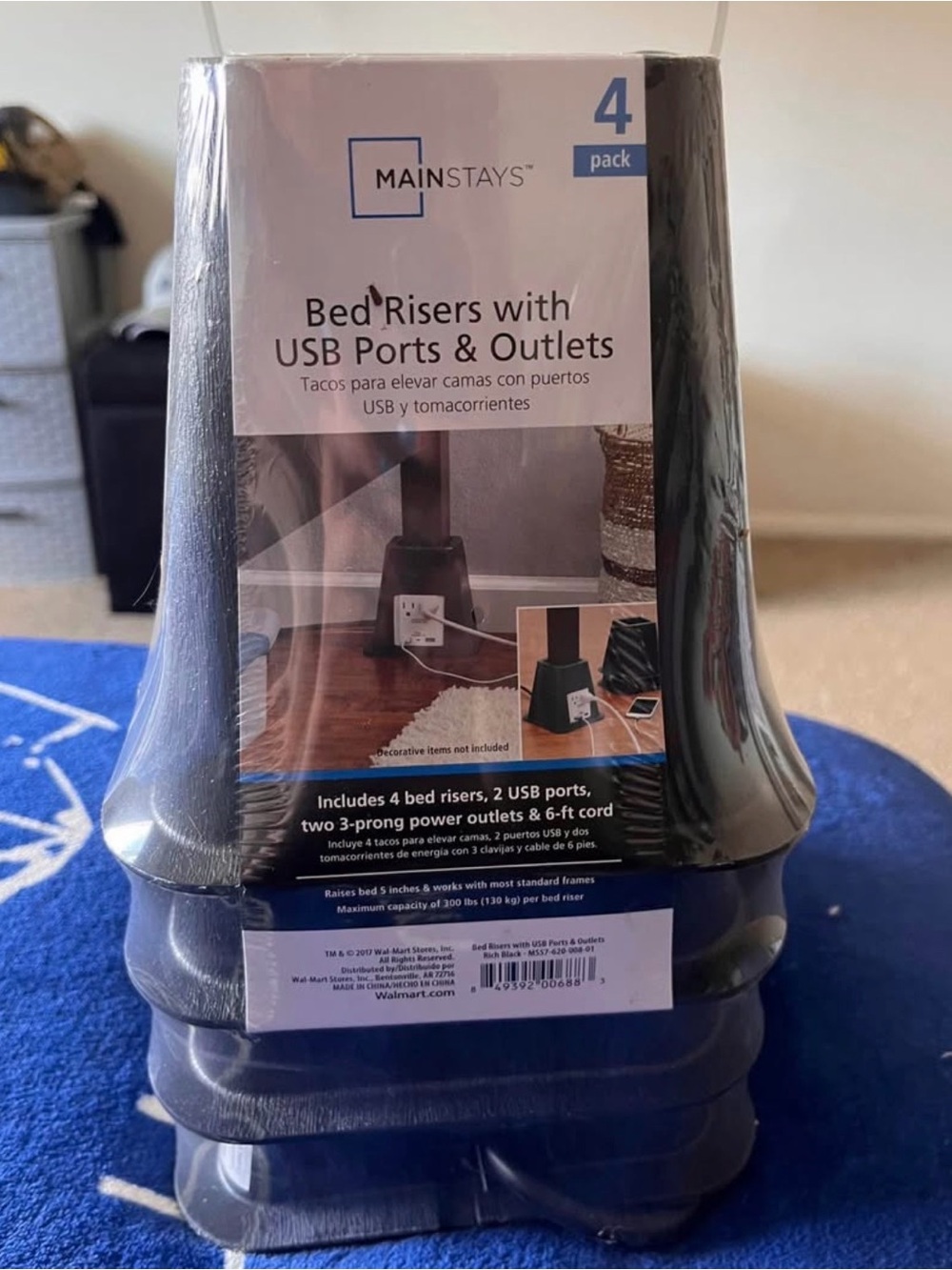 Mainstays Black Bed Risers with Dual USB Ports (4-Pack)